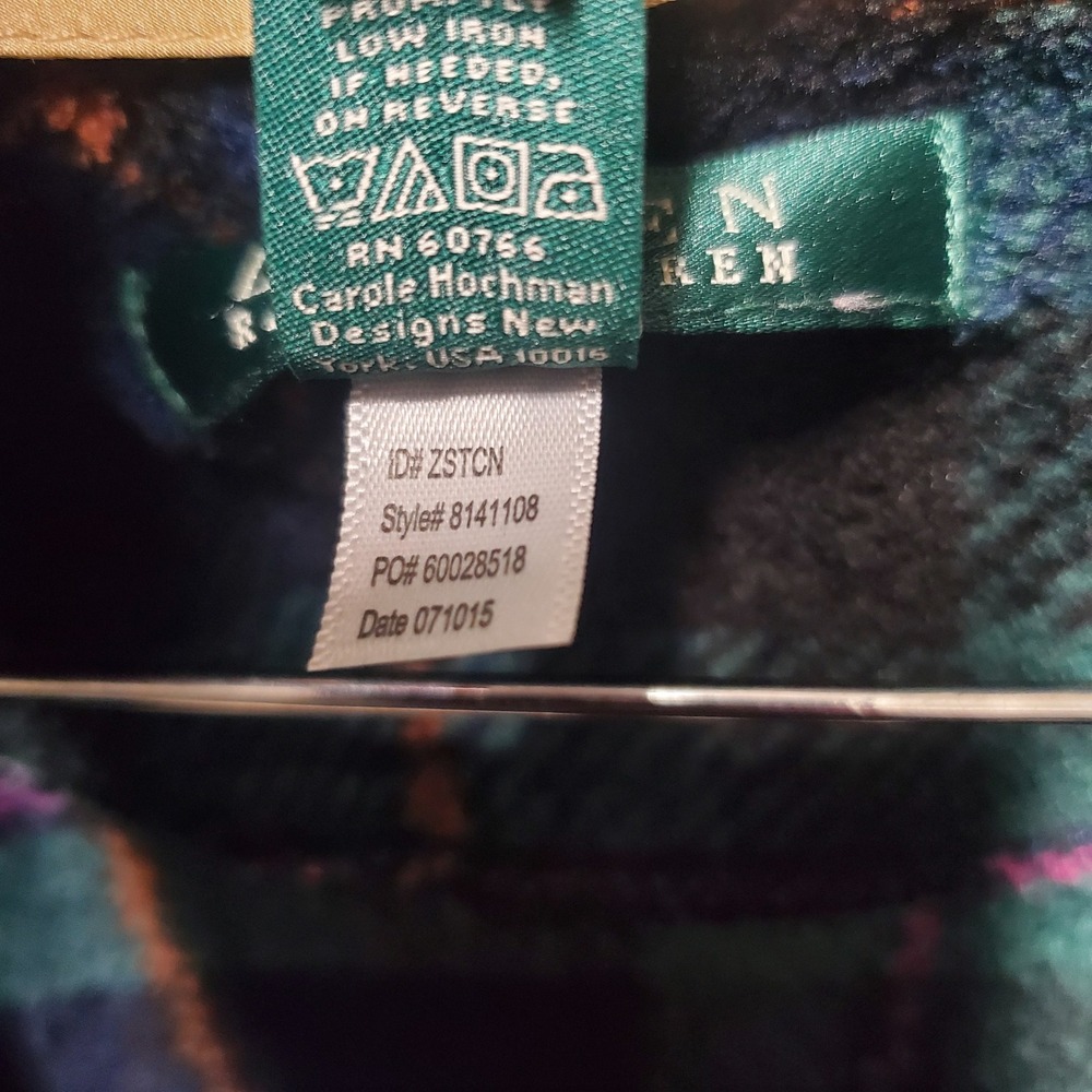 Lauren Ralph Lauren Womens Large Plush Fleece Robe Long Sleeve Plaid Blue Green - Picture 7 of 8